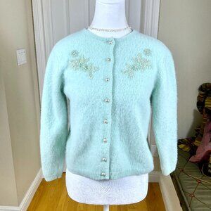 Vintage Sweater Cardigan Angora Wool Beads Pearl Buttons Ice Blue Rafaella (L)